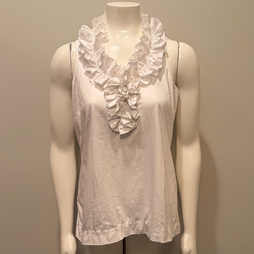 Kate Spade White Sleeveless Ruffle Neck Blouse Top Shirt Size L